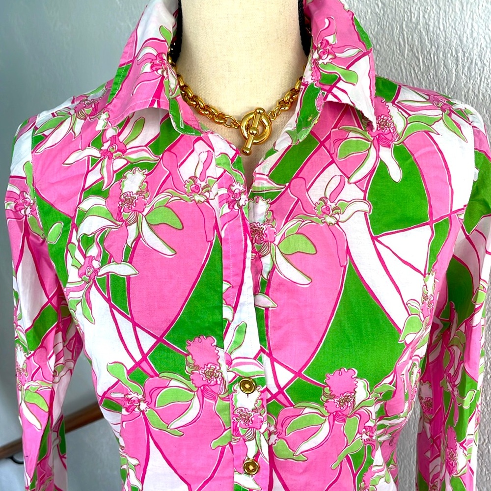 Lilly Pulitzer Pink and‎ Green Floral Cotton Long Sleeve Blouse - Picture 2 of 8